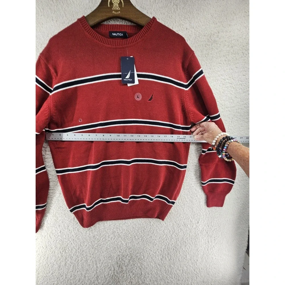 New Nautica Mens Large Red Striped Long Sleeve Sweater Pullover Crewneck